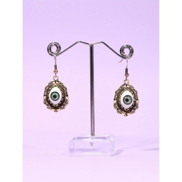 Decorative framed green evil Eye Dangle Earrings with silver tone Outer Decor - Picture 1 of 4